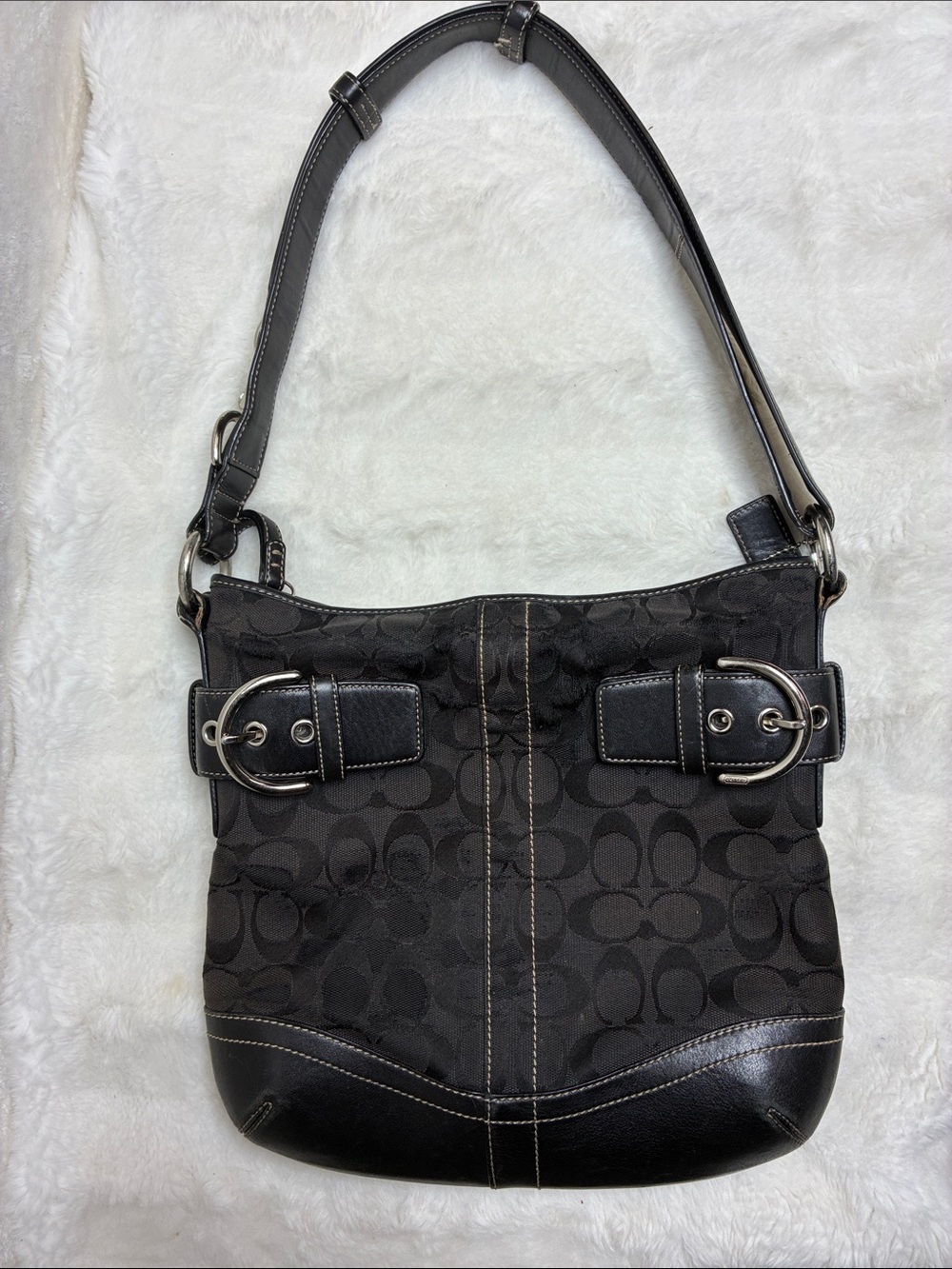 Coach Black Signature Monogram Shoulder Bag with Buckle Accents